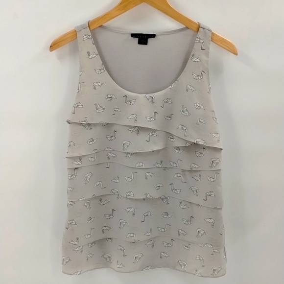 Attention brand paper crane print gray size small sleeveless ruffle tier stretch - Picture 1 of 8